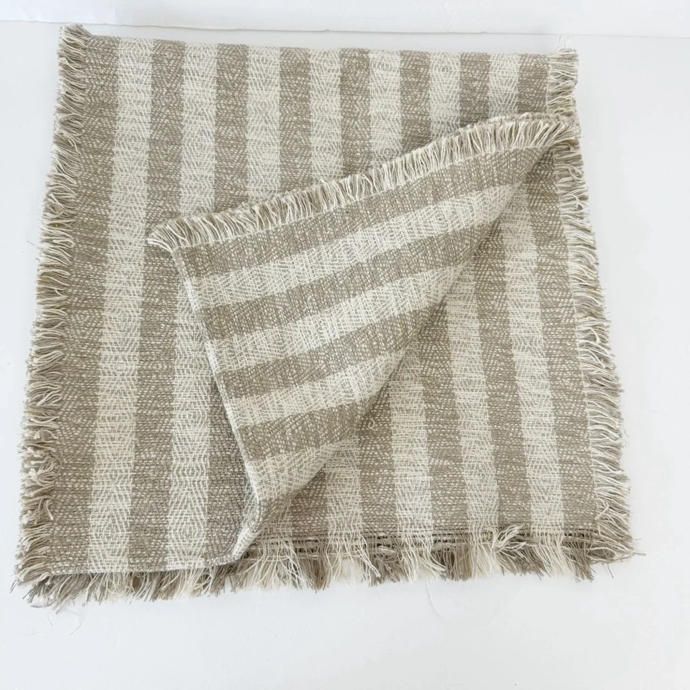 Cynthia Rowley Table Runner Tan Stripes Metallic Accent 19”x76” Cotton Fringe